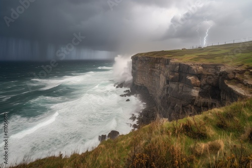 coastal cliff with view of stormy sea and lightning strikes, created with generative ai