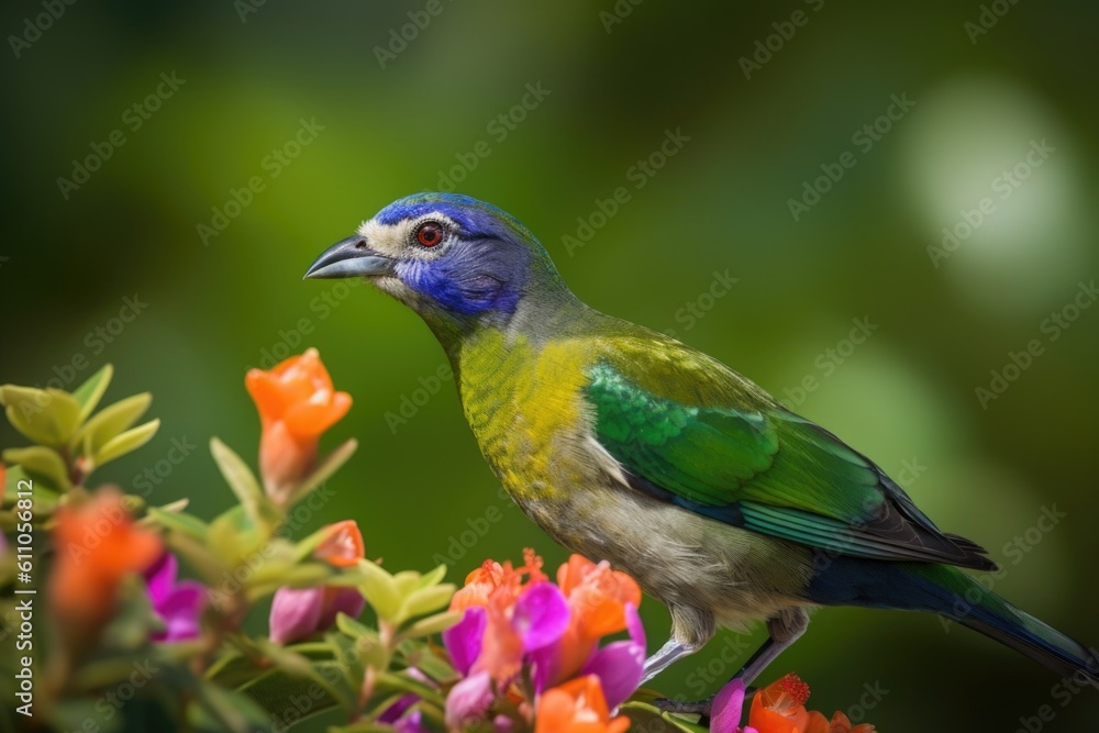 colorful bird perched on flower, with lush green background, created with generative ai
