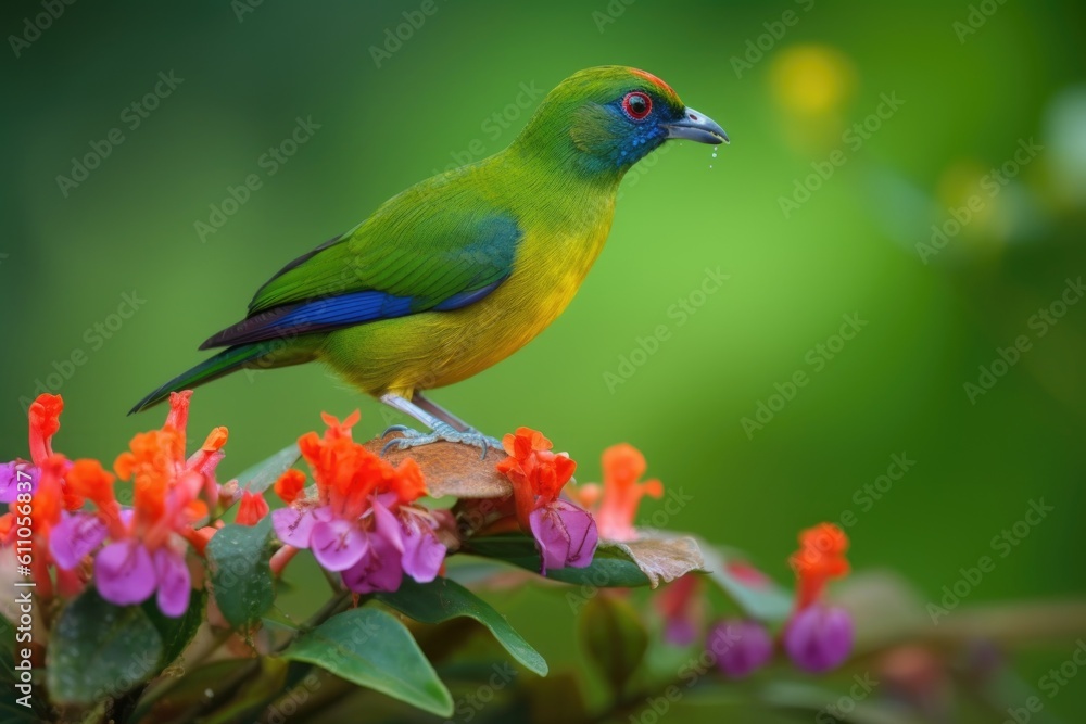 colorful bird perched on flower, with lush green background, created with generative ai colorful bird perched on flower, with lush green background, created with generative ai