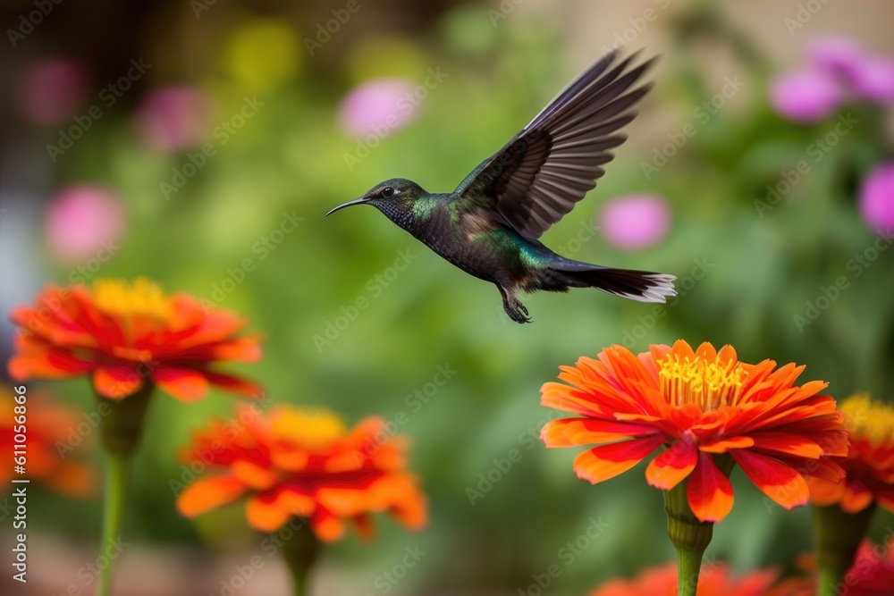 Fototapeta premium hummingbird hovering over vibrant flower garden, created with generative ai