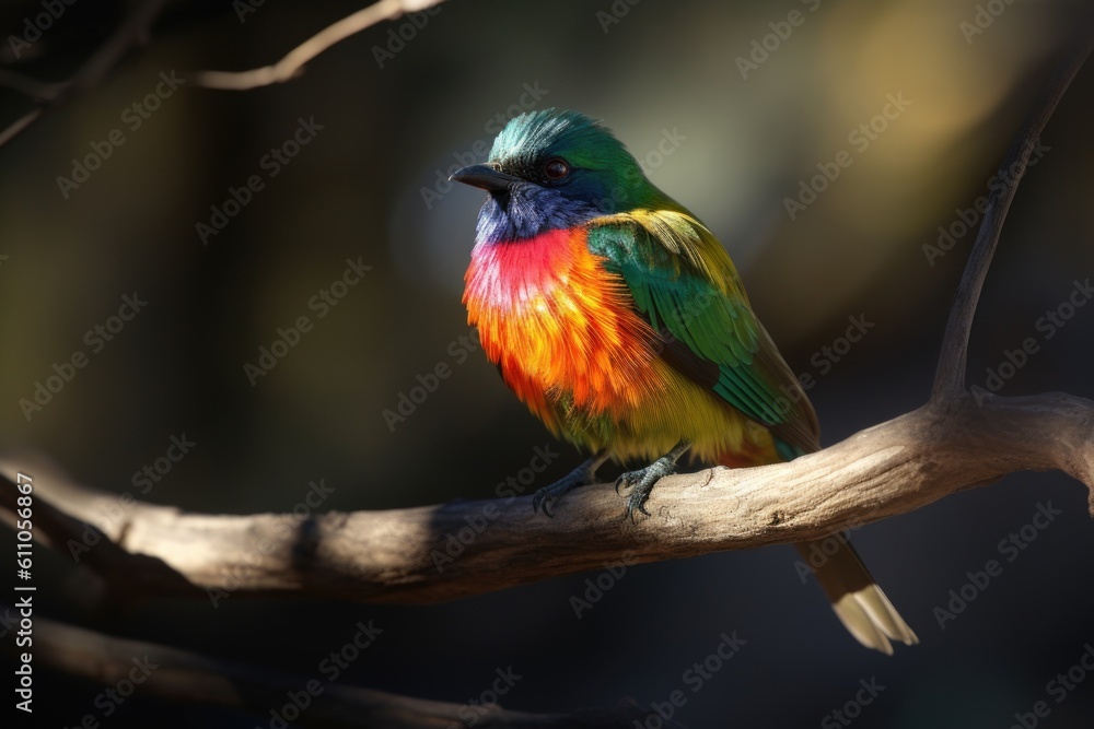 colorful bird perched on tree branch, with its feathers shimmering in the sunlight, created with generative ai