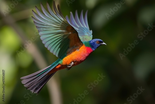 colorful bird species in flight, wings stretched and fluttering, created with generative ai