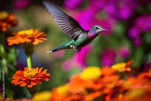 hummingbird hovering over vibrant flower garden, created with generative ai