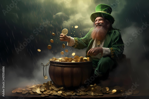 Leprechaun with pot of gold. Generative AI photo