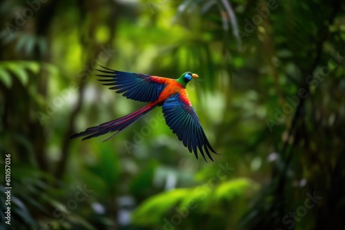colorful bird in flight above lush green forest, created with generative ai