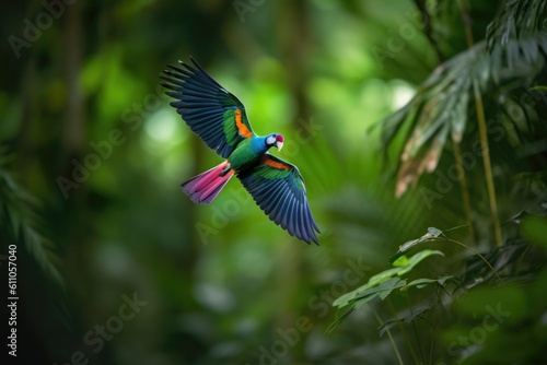 colorful bird in flight above lush green forest, created with generative ai © altitudevisual