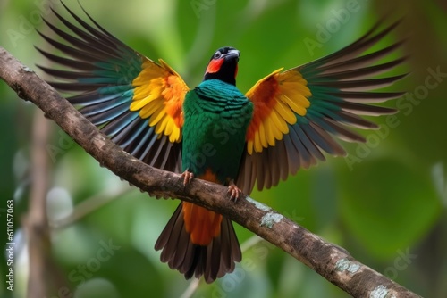 the colorful bird sitting on the tree branch, with its wings spread, created with generative ai