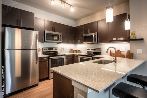 kitchen  with sleek stainless steel appliances  energy-saving lighting and efficient faucets  created with generative ai