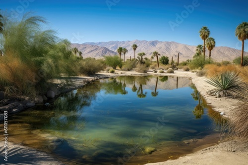 desert oasis, with view of distant mountain range and clear blue sky, created with generative ai