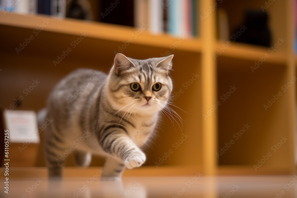 Lifestyle portrait photography of a curious scottish fold cat sprinting against an elegant bookshelf. With generative AI technology