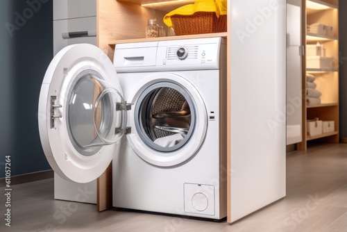 Wallpaper Mural energy-efficient washing machine, with its door open and ready for use, created with generative ai Torontodigital.ca