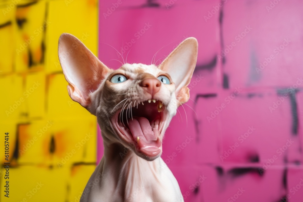 Lifestyle portrait photography of a happy cornish rex cat eating against a vibrant colored wall. With generative AI technology