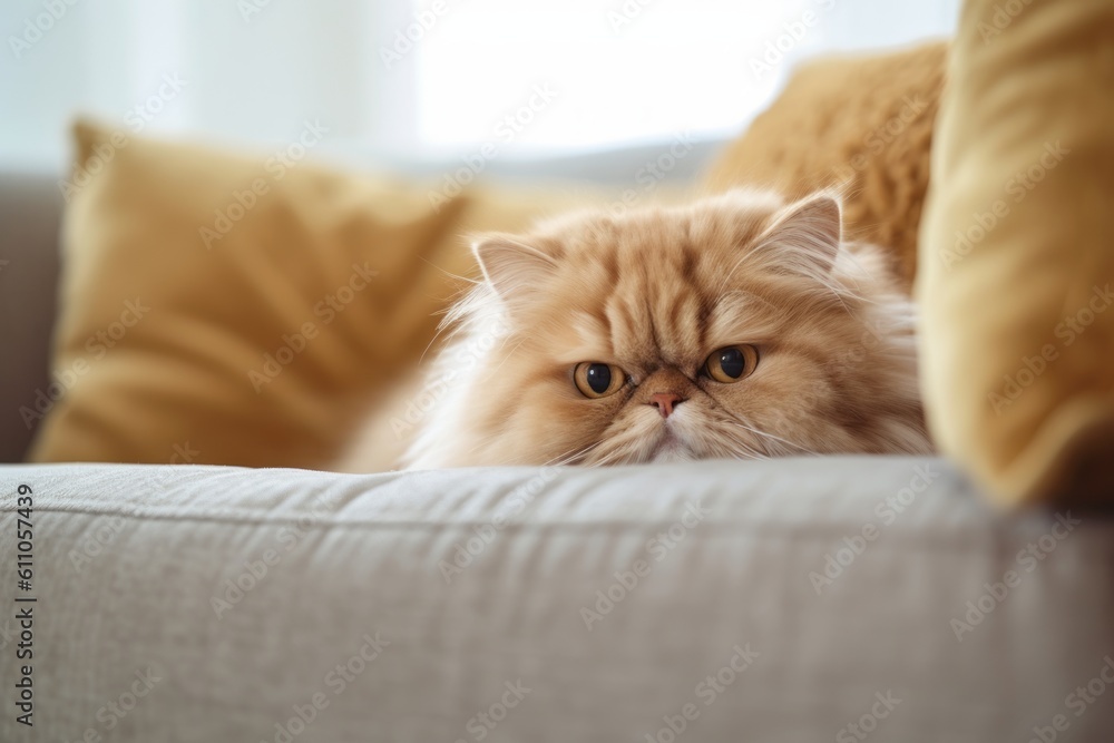 Lifestyle portrait photography of a happy persian cat back-arching against a comfy sofa. With generative AI technology