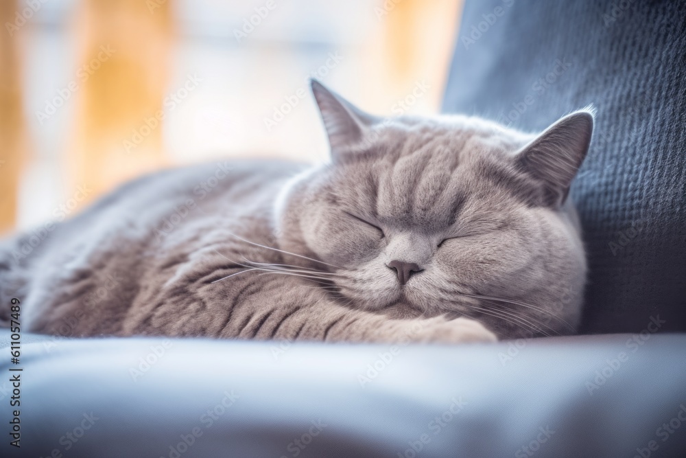 Environmental portrait photography of a curious british shorthair cat sleeping against a comfy sofa. With generative AI technology