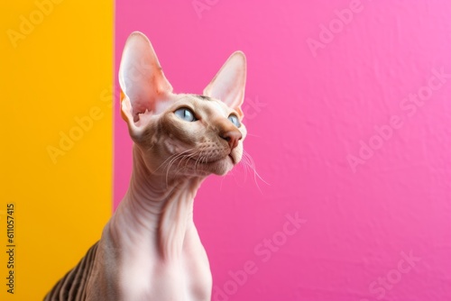 Lifestyle portrait photography of a happy cornish rex cat eating against a vibrant colored wall. With generative AI technology © Markus Schröder