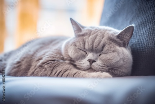 Environmental portrait photography of a curious british shorthair cat sleeping against a comfy sofa. With generative AI technology