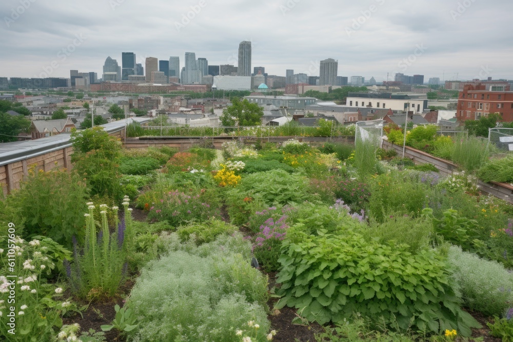 green rooftop garden, filled with flowers and herbs, providing view of the surrounding city, created with generative ai