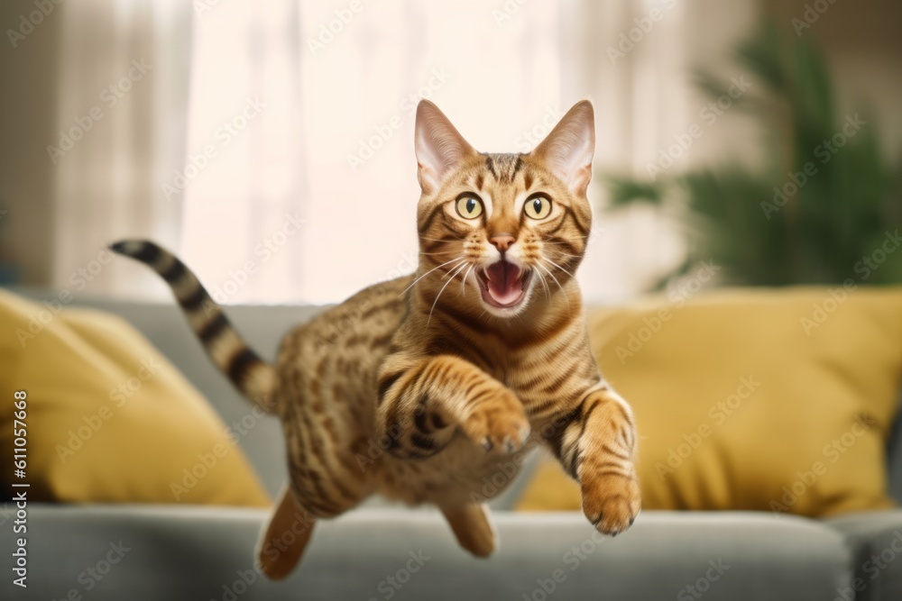 Naklejka premium Environmental portrait photography of a happy ocicat sprinting against a comfy sofa. With generative AI technology