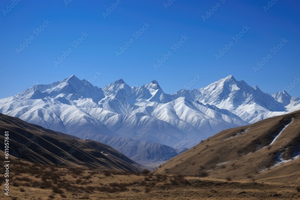 majestic mountain range, with snow-capped peaks and clear blue skies, created with generative ai