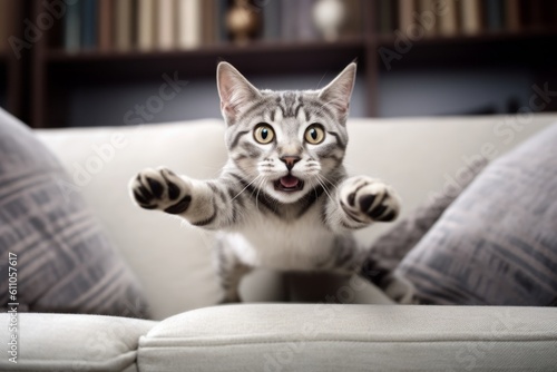 Medium shot portrait photography of a curious egyptian mau cat leaping against a comfy sofa. With generative AI technology