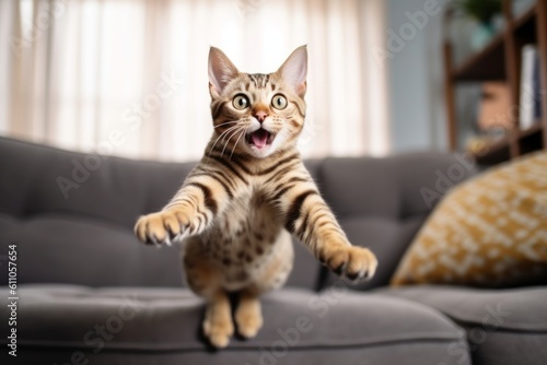 Full-length portrait photography of a cute ocicat jumping against a comfy sofa. With generative AI technology