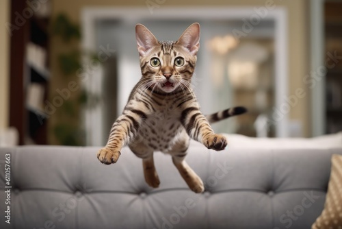 Full-length portrait photography of a cute ocicat jumping against a comfy sofa. With generative AI technology