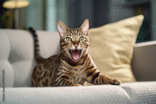 Environmental portrait photography of a happy ocicat sprinting against a comfy sofa. With generative AI technology