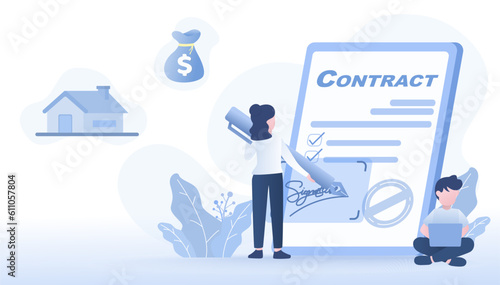 Electronic signature concept. Woman standing holding pen doing online digital signature on tablet screen. Secure identity verification at time to purchase and approval. Flat vector illustration.