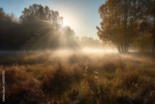 morning mist rising over meadow, with rays of sunlight filtering through, created with generative ai