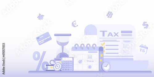 Payment of taxes and variety elements. Presentation income tax, planning, management, organization, form filling and submit. Flat vector design illustration with copy space.