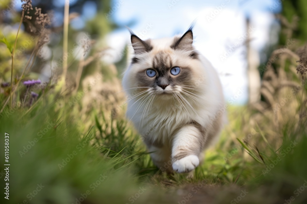 Medium shot portrait photography of a funny ragdoll cat pouncing against a beautiful nature scene. With generative AI technology
