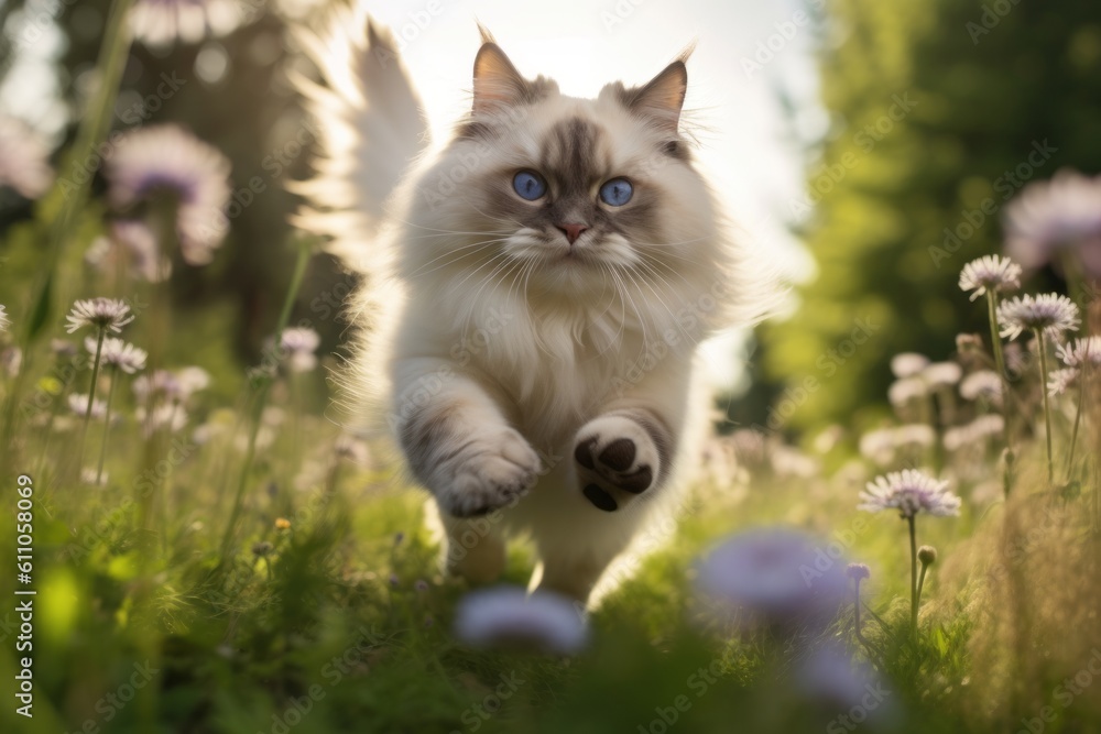 Medium shot portrait photography of a smiling ragdoll cat sprinting against a beautiful nature scene. With generative AI technology Medium shot portrait photography of a smiling ragdoll cat sprinting against a beautiful nature scene. With generative AI technology