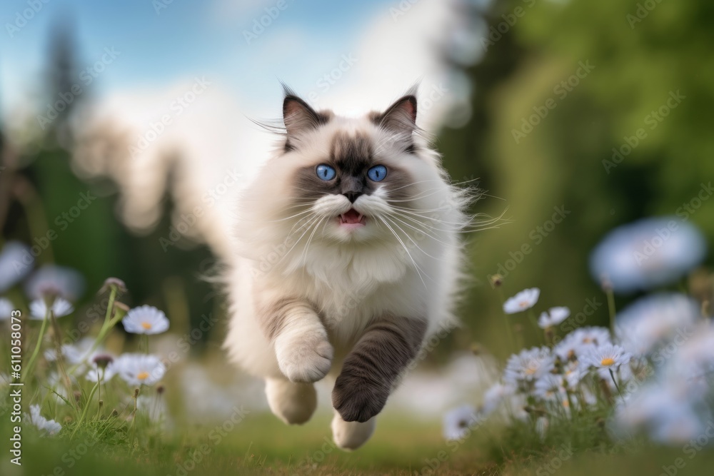 Medium shot portrait photography of a smiling ragdoll cat sprinting against a beautiful nature scene. With generative AI technology