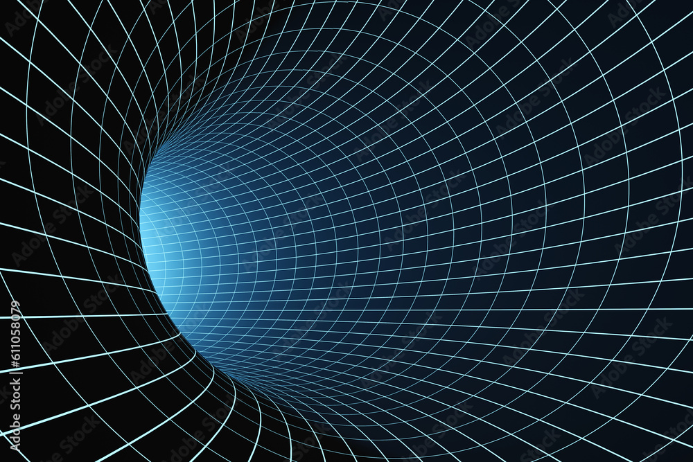 Glowing grid lines forming a tunnel with an illuminated end ...