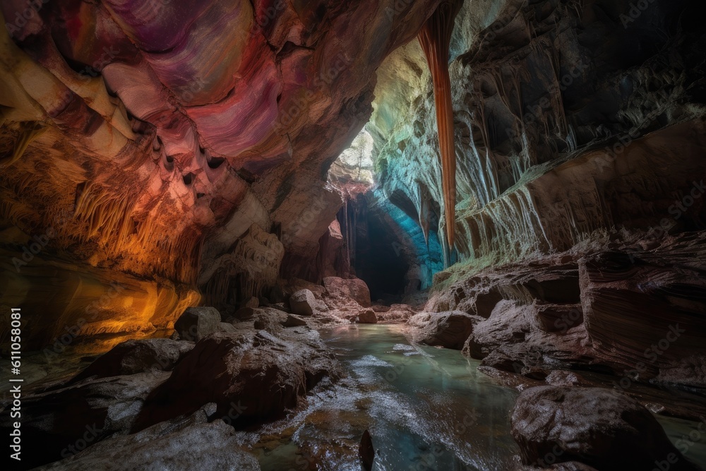 cave with intricate patterns of natural rock, filled with stunning light and color, created with generative ai cave with intricate patterns of natural rock, filled with stunning light and color, created with generative ai