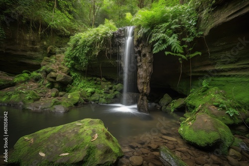 natural rock formation with waterfall  surrounded by greenery  created with generative ai