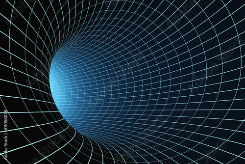 Glowing grid lines forming a tunnel with an illuminated end. Illustration of the concept of physical forces, black holes and digital data transmission