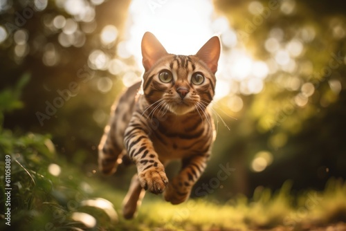Medium shot portrait photography of a curious bengal cat jumping against a beautiful nature scene. With generative AI technology