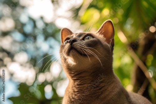 Medium shot portrait photography of a cute burmese cat begging for food against a beautiful nature scene. With generative AI technology
