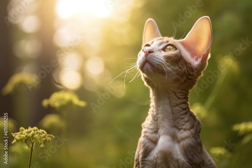 Environmental portrait photography of a happy devon rex cat back-arching against a beautiful nature scene. With generative AI technology