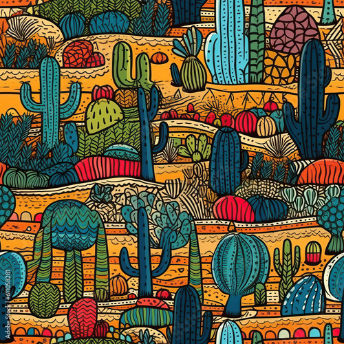 Cactuses and succulents seamless repeat pattern, cute cartoon boho [Generative AI] 