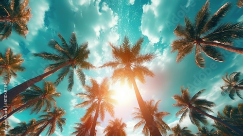 Low angle view of aquamarine sky palm trees  with blue sky and white cloud in the background. Created with Generative Ai Technology