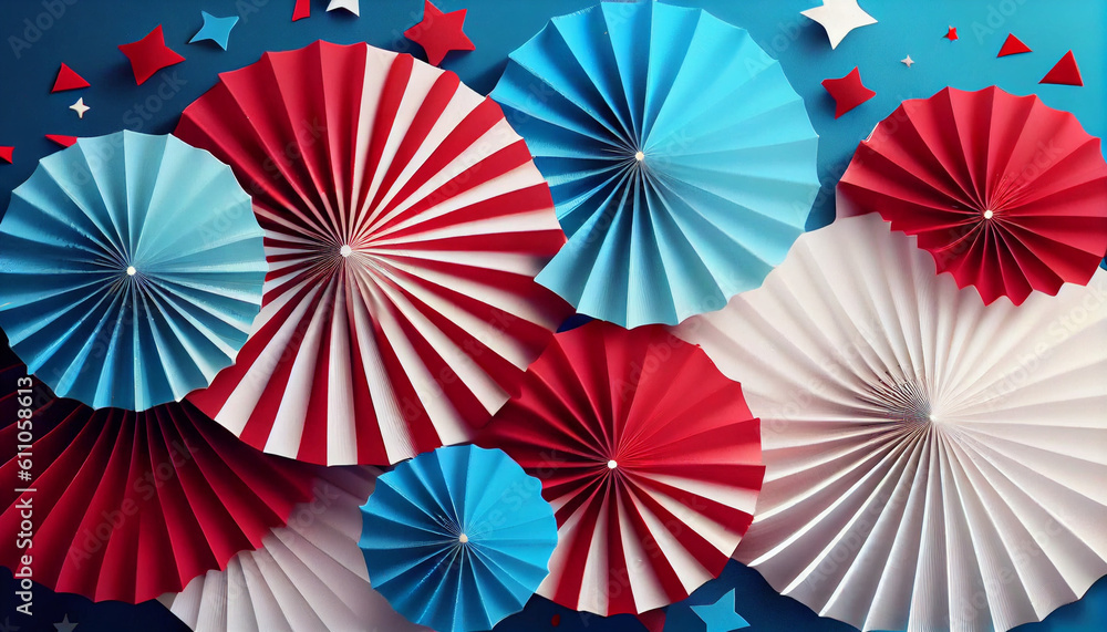 4th July Independence Da USA. Red, white, and blue paper fans for july 4th celebration. American flag for Memorial Day, white graves, 4th of July, Labour Day. Ai generated image