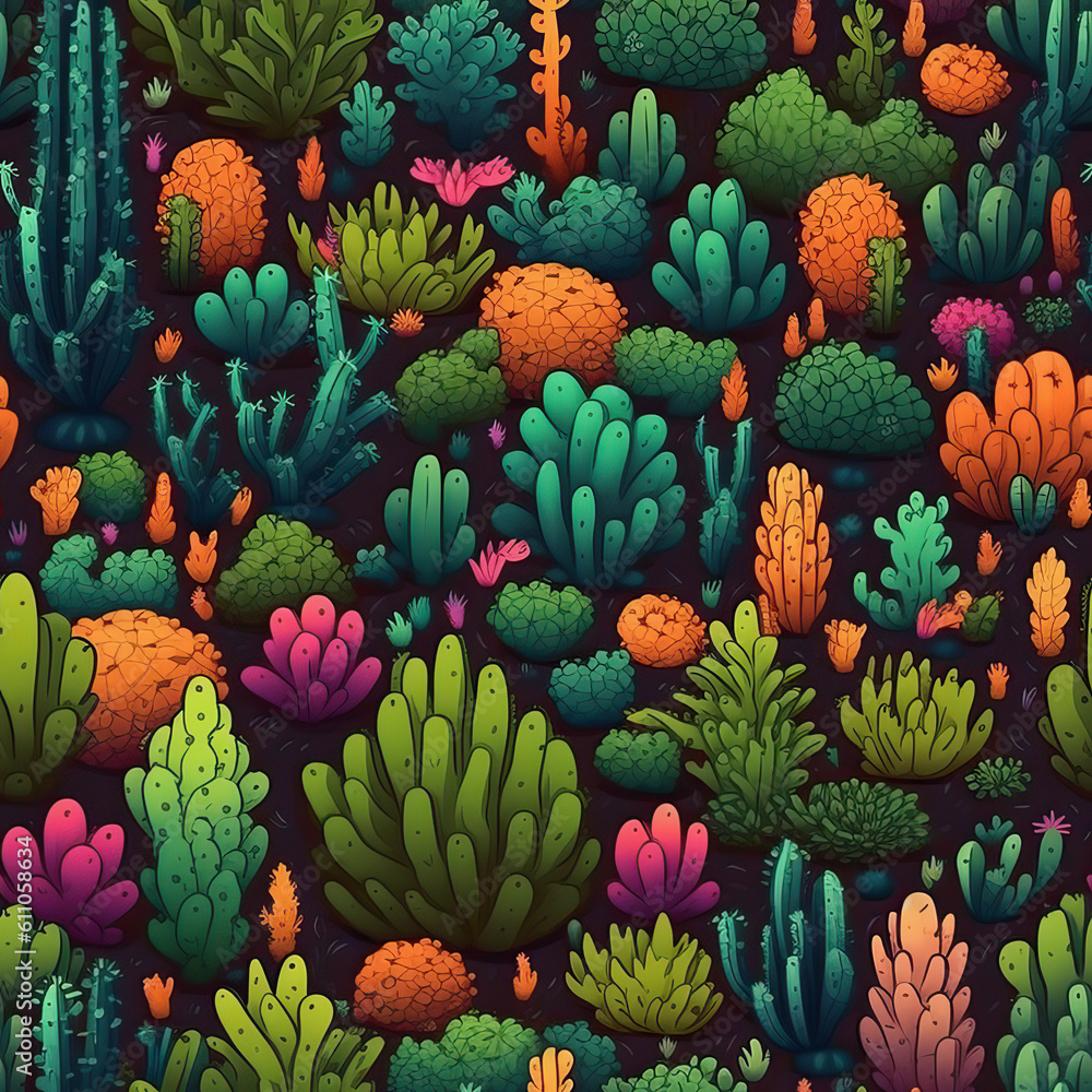 Cactuses and succulents seamless repeat pattern, cute cartoon boho [Generative AI]
