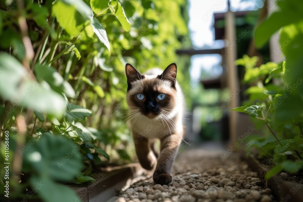Fototapeta premium Medium shot portrait photography of a smiling siamese cat playing against a charming garden path. With generative AI technology