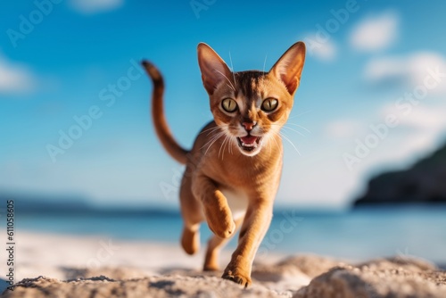 Lifestyle portrait photography of a cute abyssinian cat jumping against a serene beach. With generative AI technology