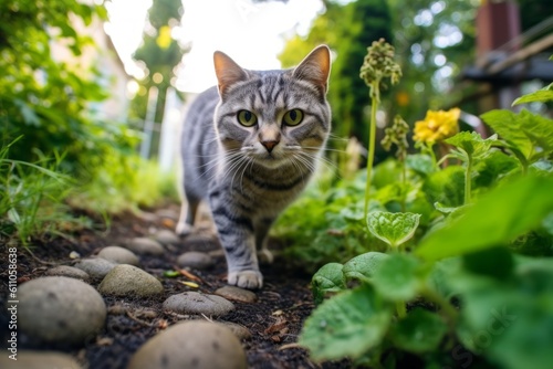 Full-length portrait photography of a funny american shorthair cat eating against a charming garden path. With generative AI technology