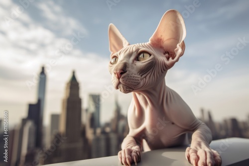 Lifestyle portrait photography of a cute sphynx cat exploring against a stunning skyline. With generative AI technology © Markus Schröder