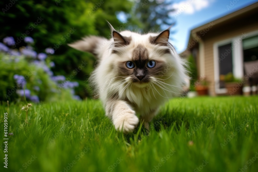 Lifestyle portrait photography of a happy ragdoll cat pouncing against a lush green lawn. With generative AI technology Lifestyle portrait photography of a happy ragdoll cat pouncing against a lush green lawn. With generative AI technology