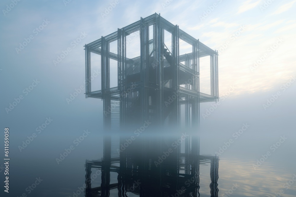 3d structure made of glass and steel, with misty fog and reflections, created with generative ai 3d structure made of glass and steel, with misty fog and reflections, created with generative ai